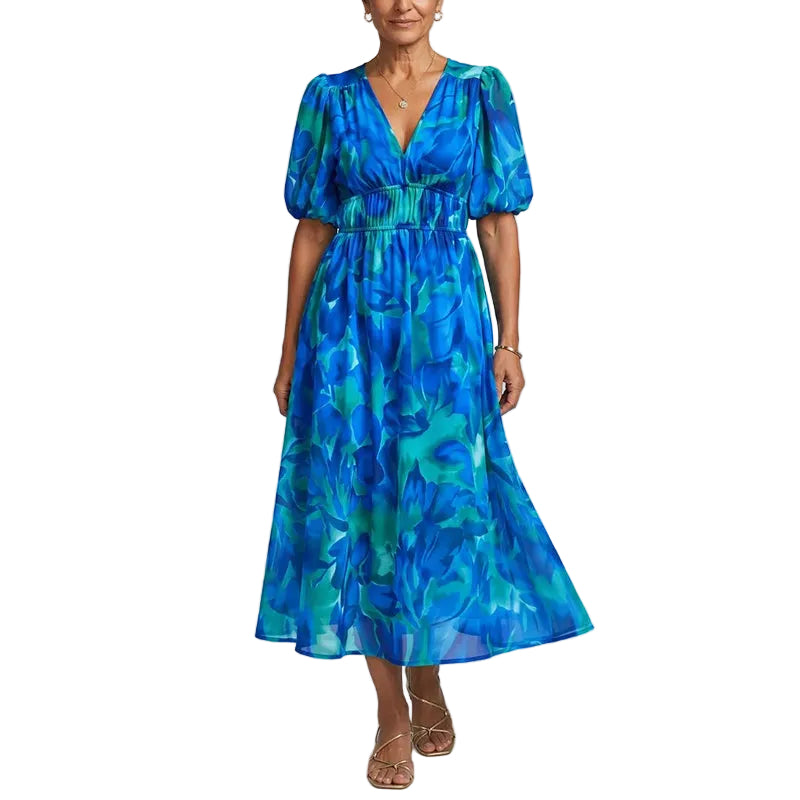Women's Abstract Print Puff Sleeve Midi Dress - Multicolor / L - Women's Fashion