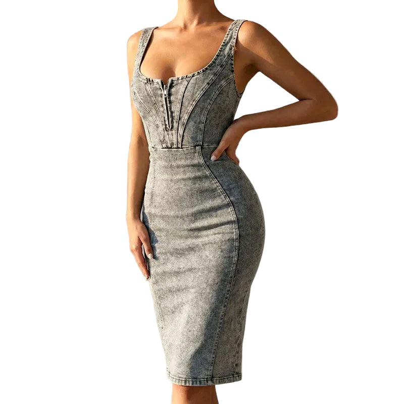 Women's Denim Bodycon Midi Dress with Front Zipper - Blue / M - Women's Fashion