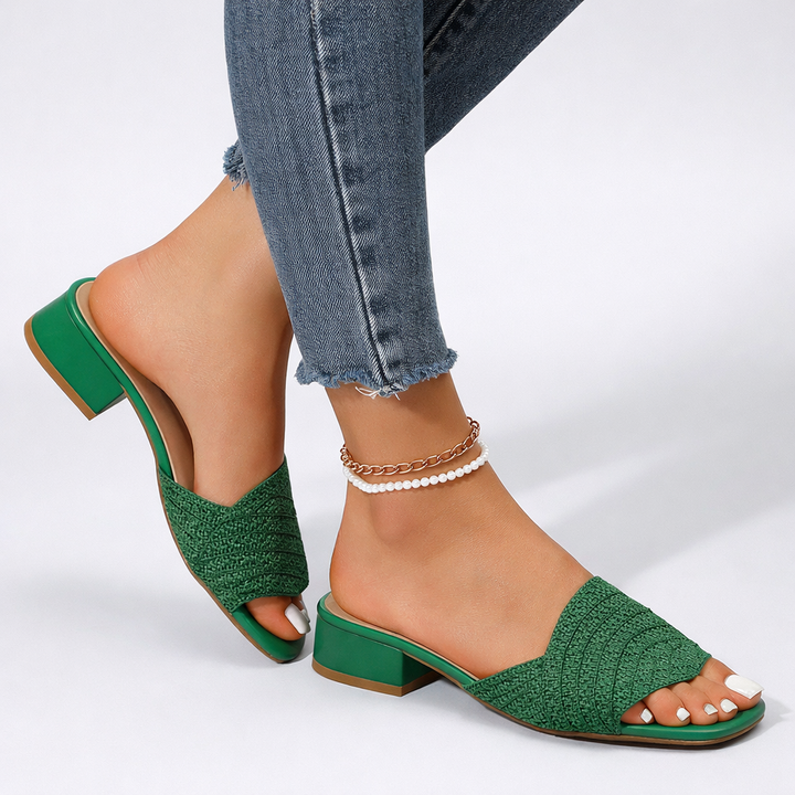 Women's Low Block Heel Open Square Toe Slip-On Mule Sandal