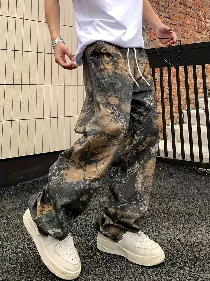 Men’s Camouflage Wide-Leg Pants with Drawstring