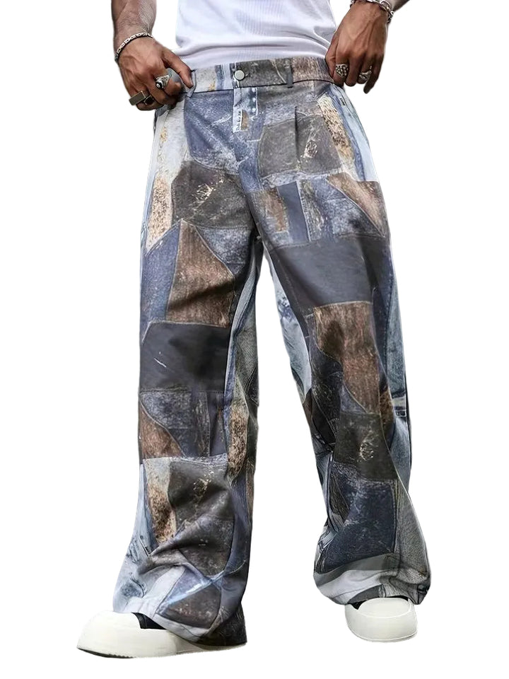 Men’s Wide-Leg Trousers with Patchwork Print