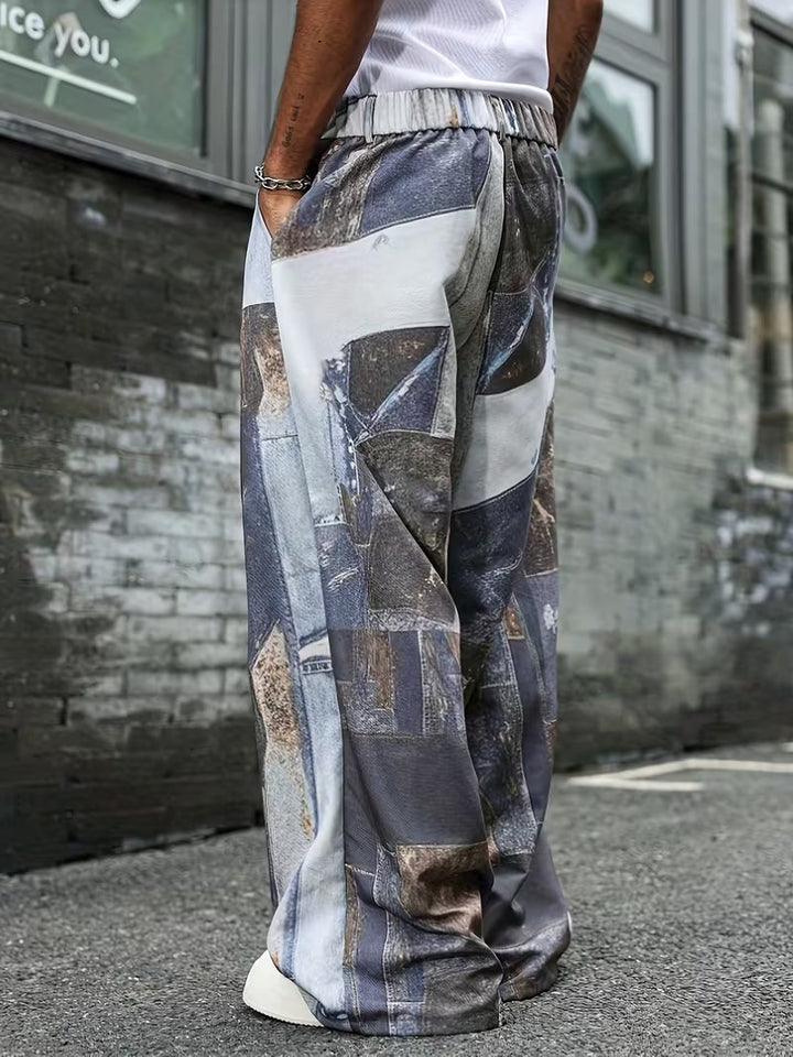 Men’s Wide-Leg Trousers with Patchwork Print