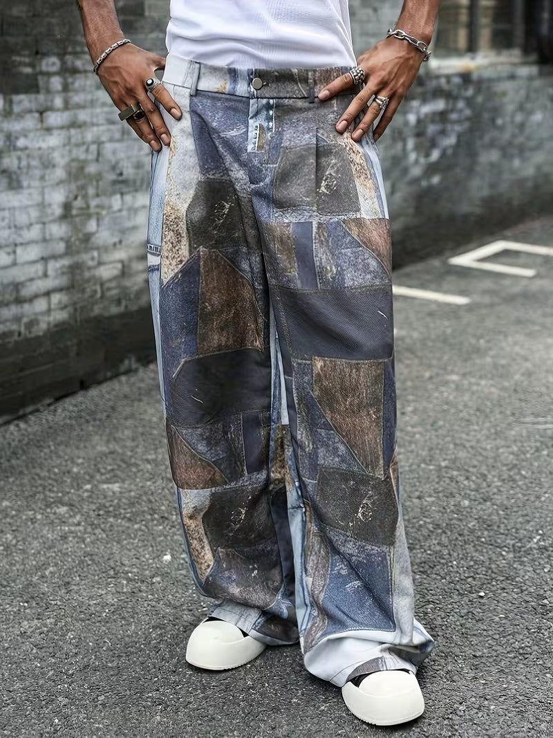 Men’s Wide-Leg Trousers with Patchwork Print