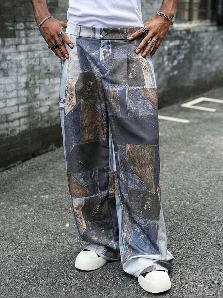 Men’s Wide-Leg Trousers with Patchwork Print