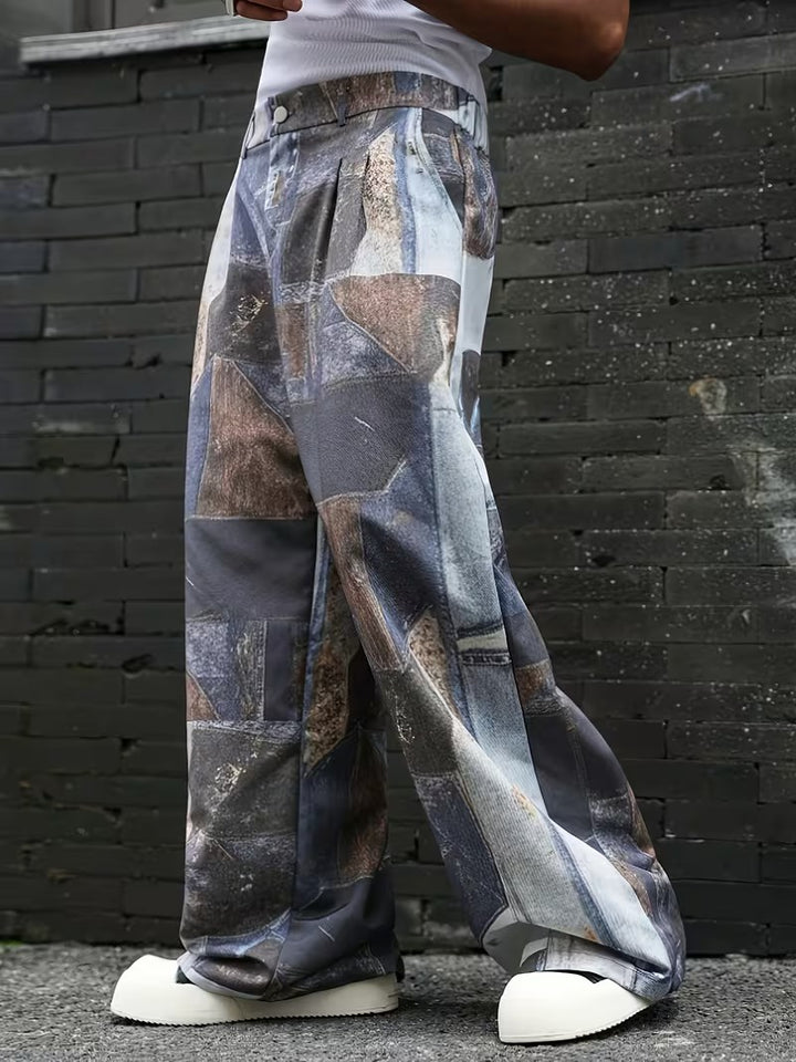 Men’s Wide-Leg Trousers with Patchwork Print