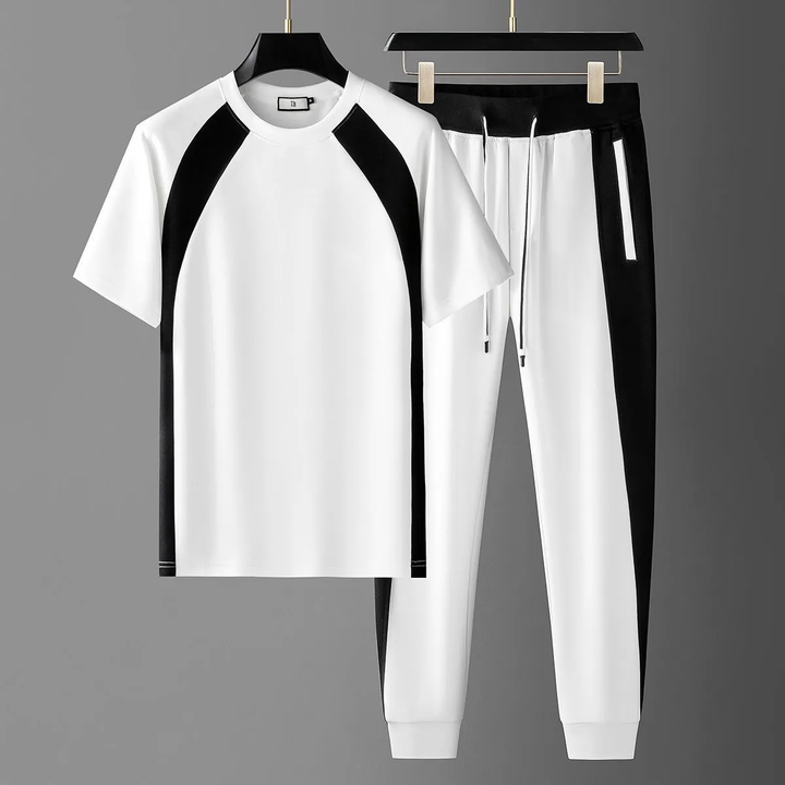Men’s Athletic T-Shirt and Pants Set Short Sleeve with Contrast Panel Design