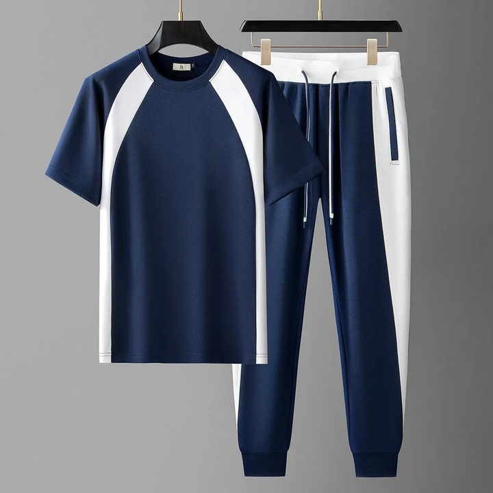Men’s Athletic T-Shirt and Pants Set Short Sleeve with Contrast Panel Design