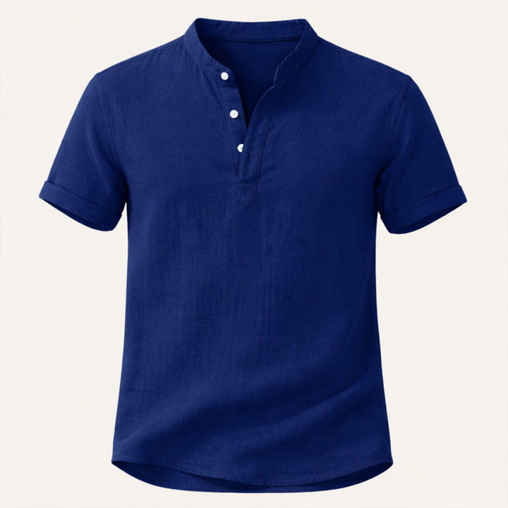 Men's Band Collar Short Sleeve Shirt With Henley Placket