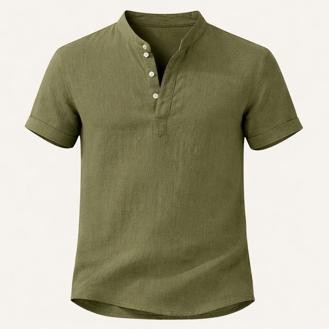 Men's Band Collar Short Sleeve Shirt With Henley Placket