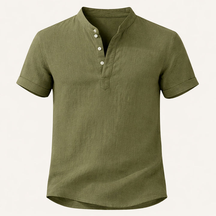 Men's Band Collar Short Sleeve Shirt With Henley Placket