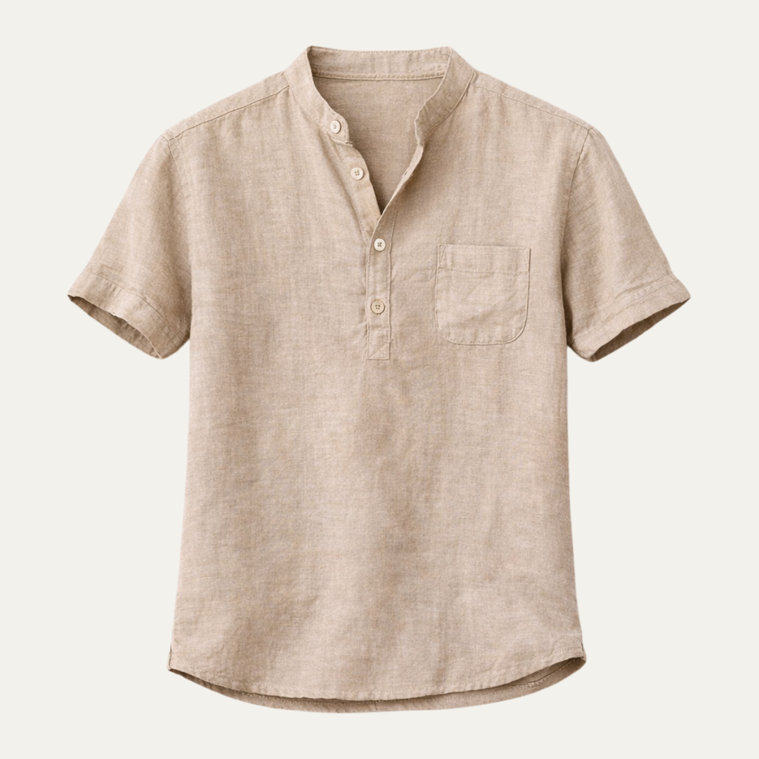 Men's Band Collar Short Sleeve Shirt With Henley Placket