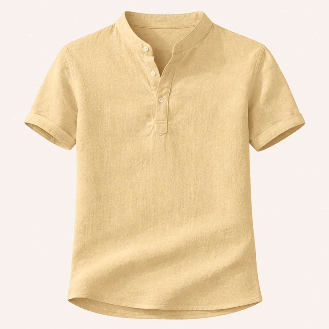 Men's Band Collar Short Sleeve Shirt With Henley Placket