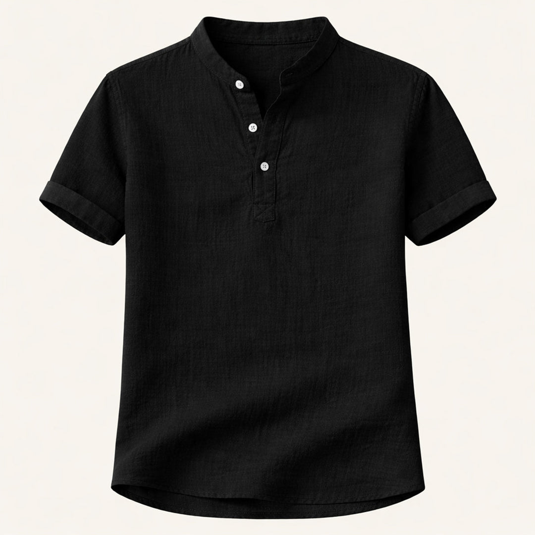 Men's Band Collar Short Sleeve Shirt With Henley Placket