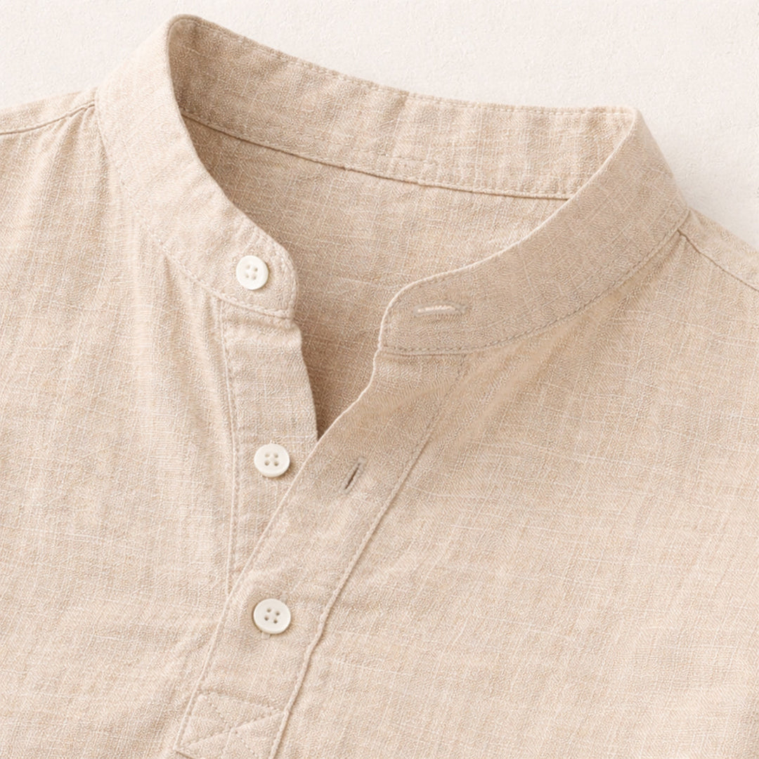 Men's Band Collar Short Sleeve Shirt With Henley Placket