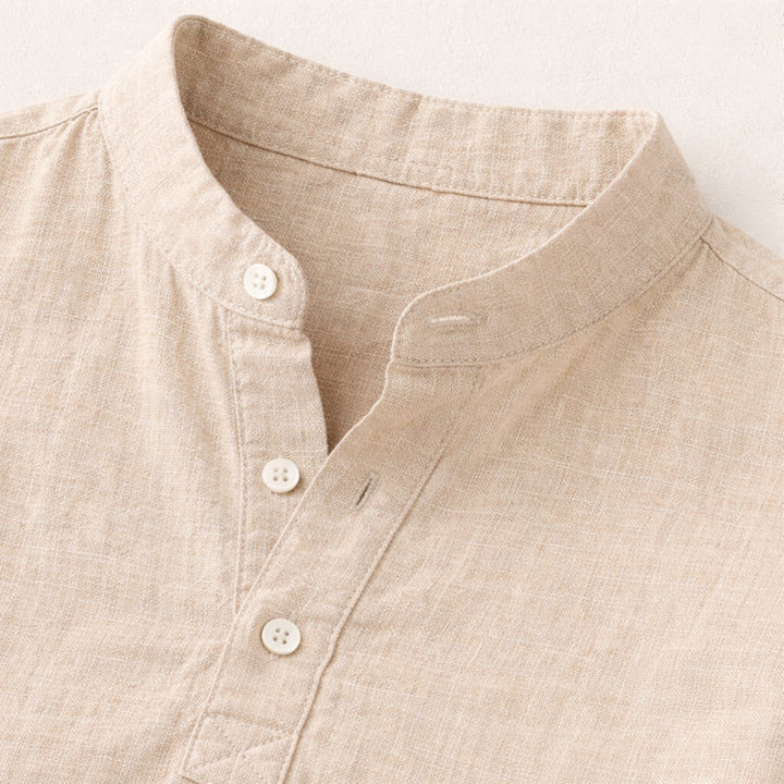 Men's Band Collar Short Sleeve Shirt With Henley Placket