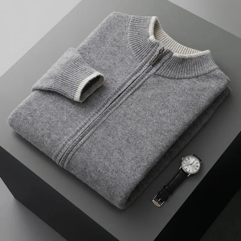 Men’s Contrast-Trim Zip-Up Knit Cardigan