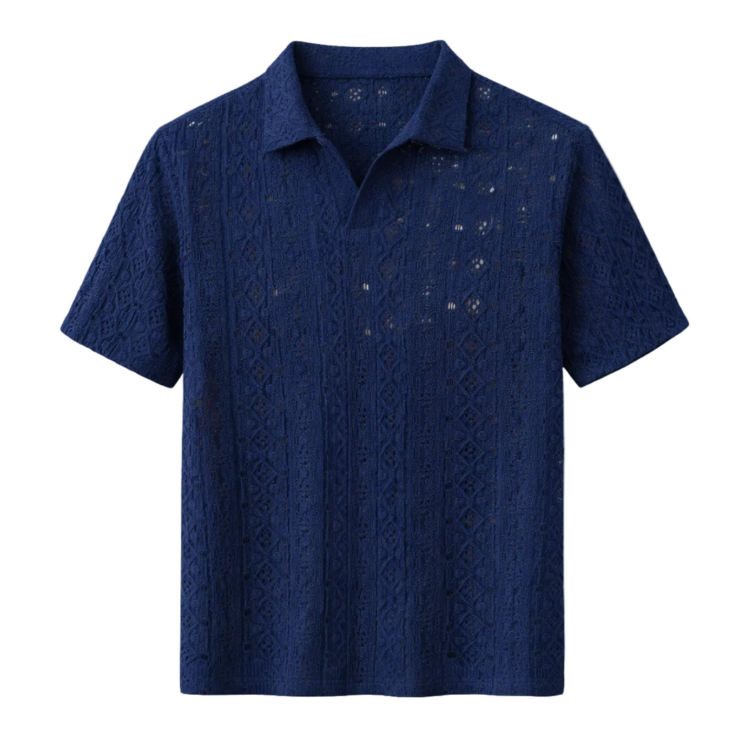 Men's Crochet Knit Open Collar Polo Shirt
