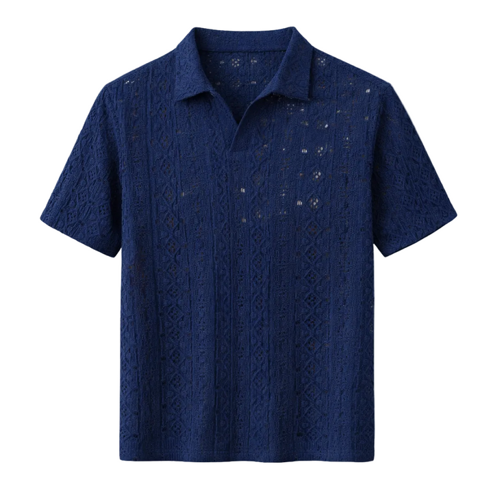 Men's Crochet Knit Open Collar Polo Shirt