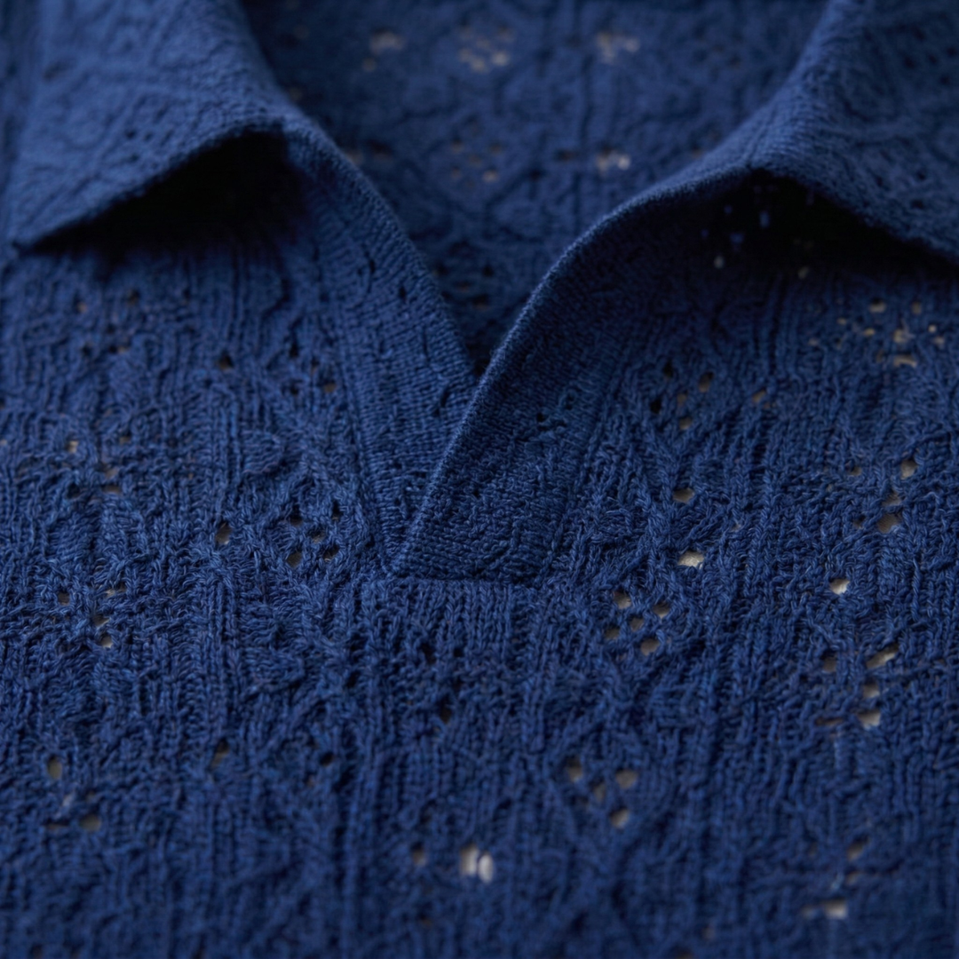 Men's Crochet Knit Open Collar Polo Shirt