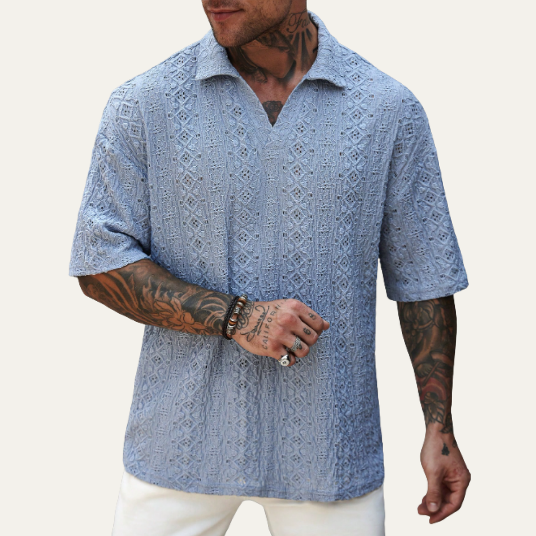 Men's Crochet Knit Short Sleeve Polo Shirt