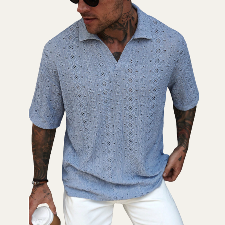 Men's Crochet Knit Short Sleeve Polo Shirt