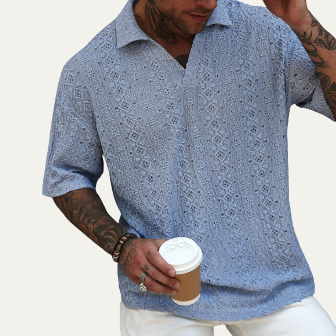 Men's Crochet Knit Short Sleeve Polo Shirt
