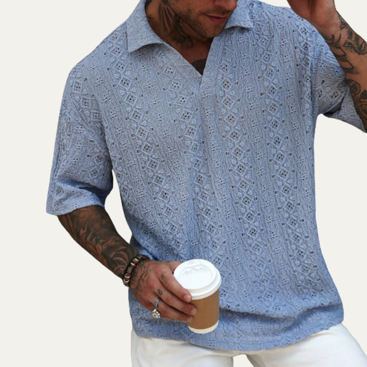 Men's Crochet Knit Short Sleeve Polo Shirt