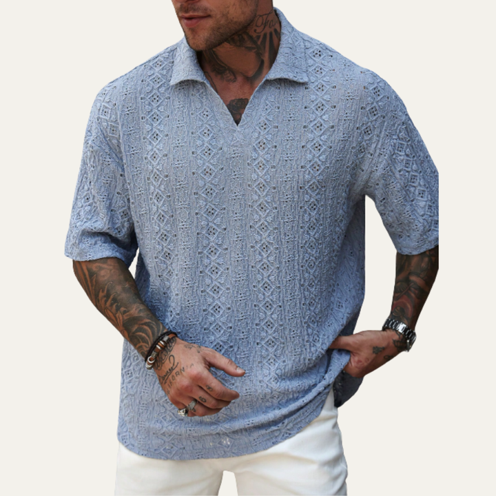 Men's Crochet Knit Short Sleeve Polo Shirt