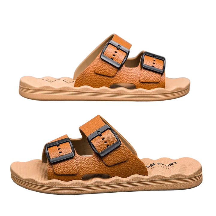 Men’s Dual Strap Slide Sandals with Open Toe and Adjustable Buckles