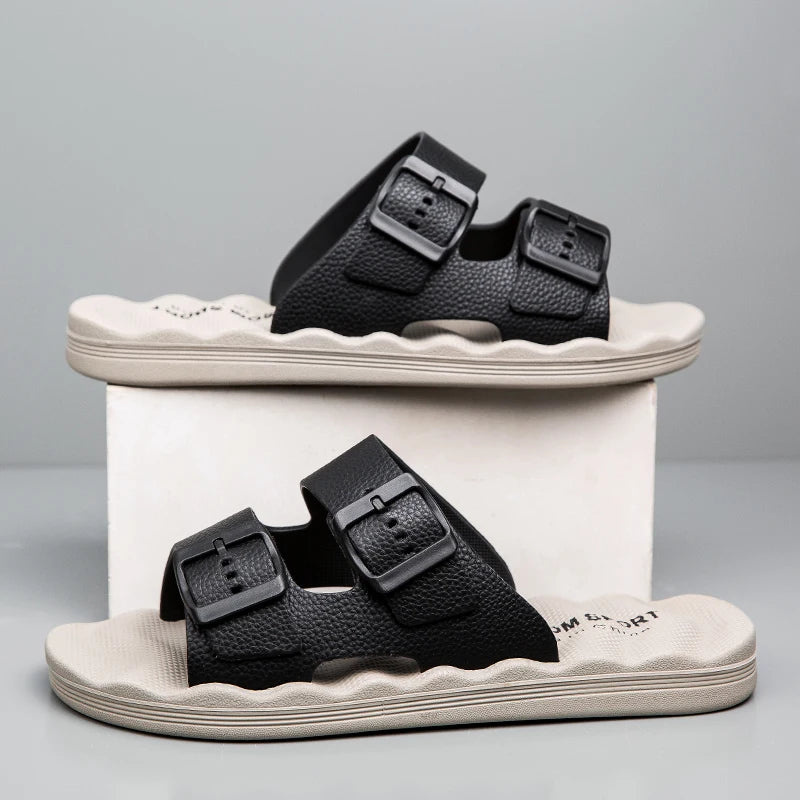 Men’s Dual Strap Slide Sandals with Open Toe and Adjustable Buckles