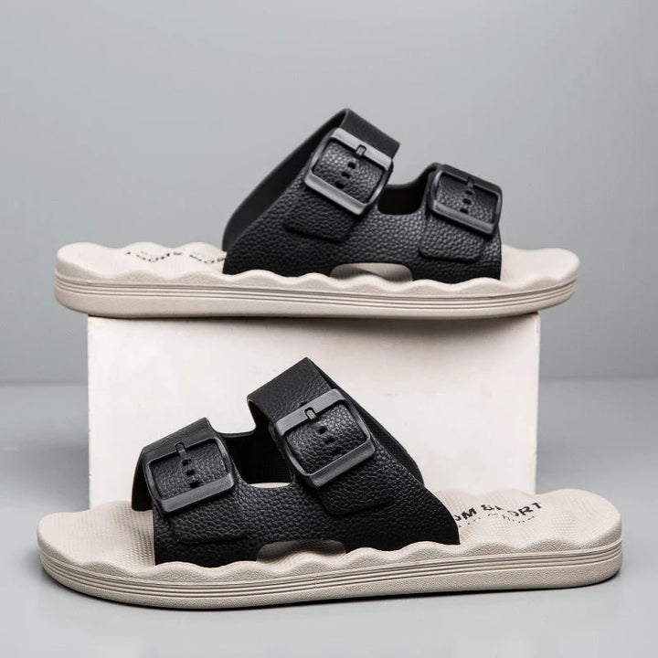 Men’s Dual Strap Slide Sandals with Open Toe and Adjustable Buckles