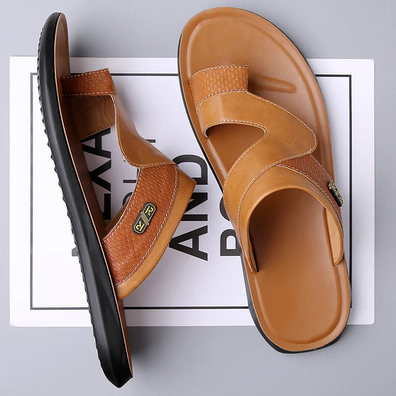 Men’s Dual Strap Slide Sandals with Open Toe and Toe Loop