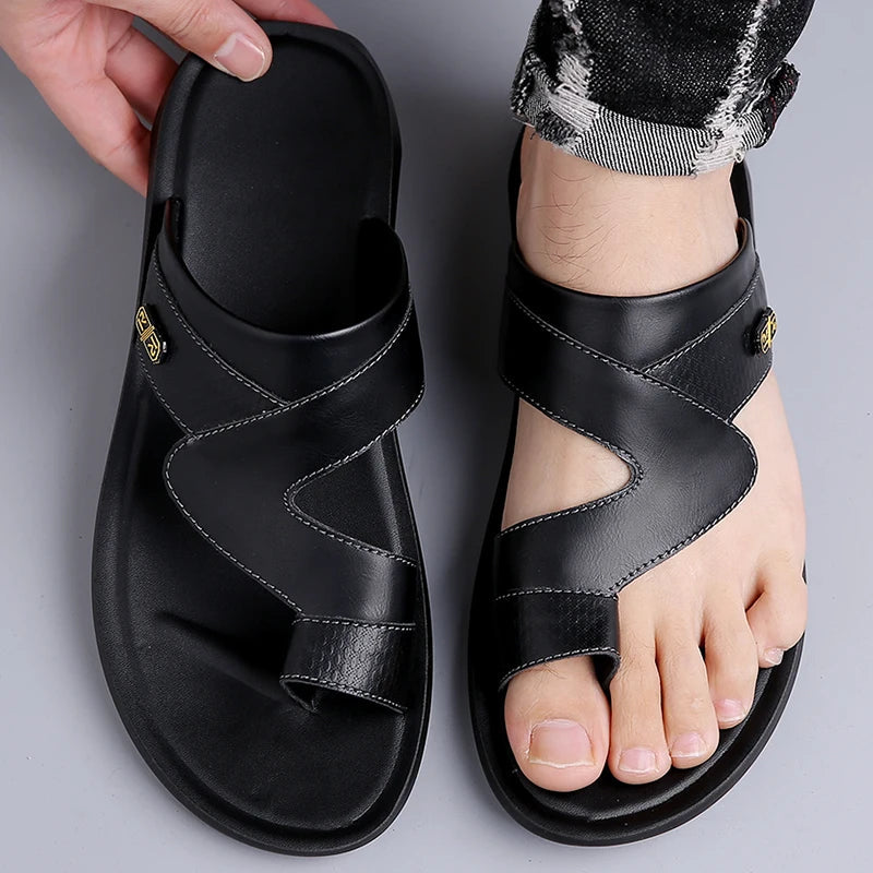 Men’s Dual Strap Slide Sandals with Open Toe and Toe Loop