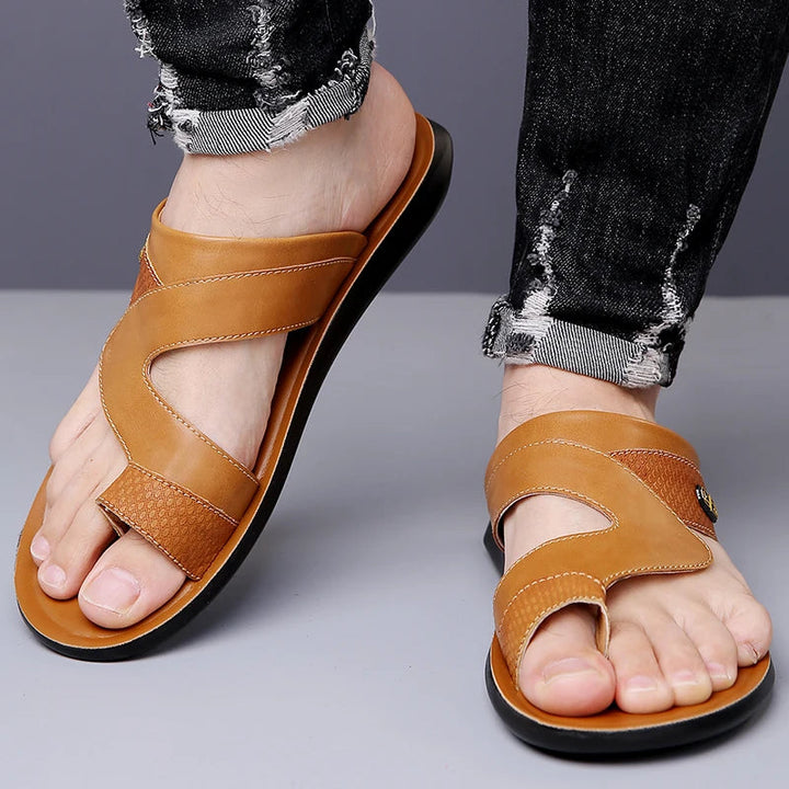 Men’s Dual Strap Slide Sandals with Open Toe and Toe Loop