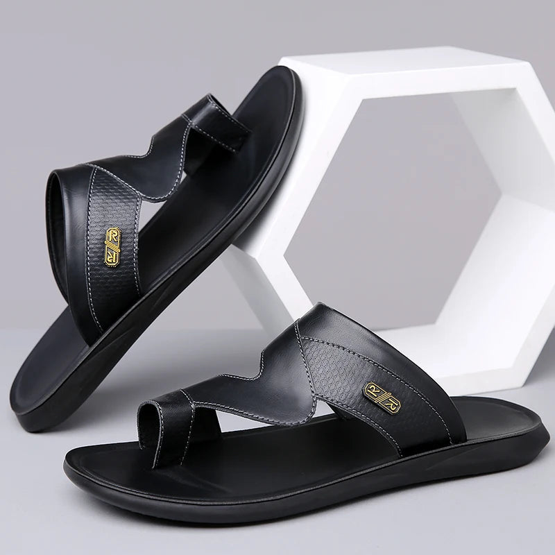 Men’s Dual Strap Slide Sandals with Open Toe and Toe Loop