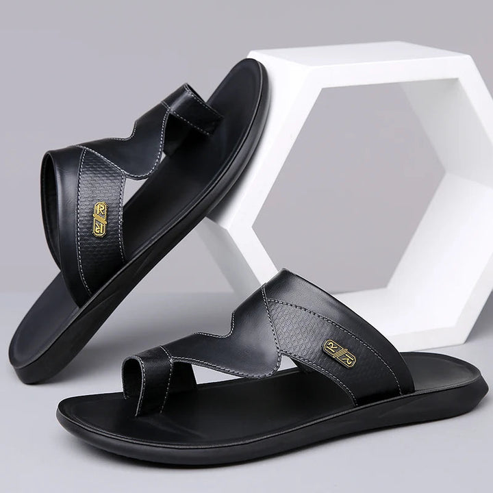 Men’s Dual Strap Slide Sandals with Open Toe and Toe Loop