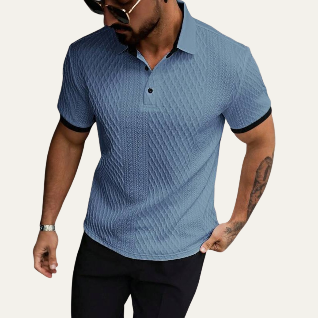 Men's Geometric Knit Polo Shirt with Contrast Collar