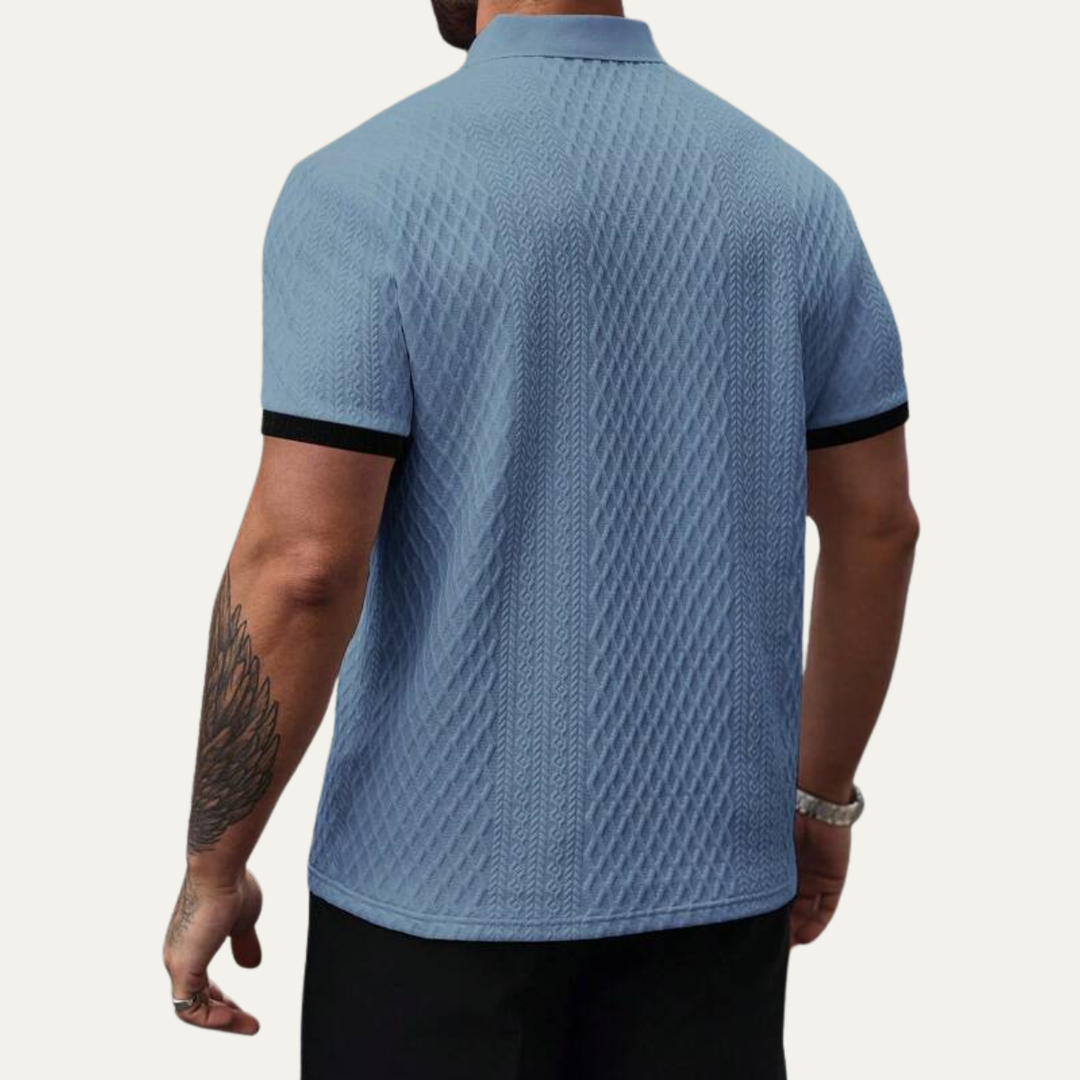 Men's Geometric Knit Polo Shirt with Contrast Collar