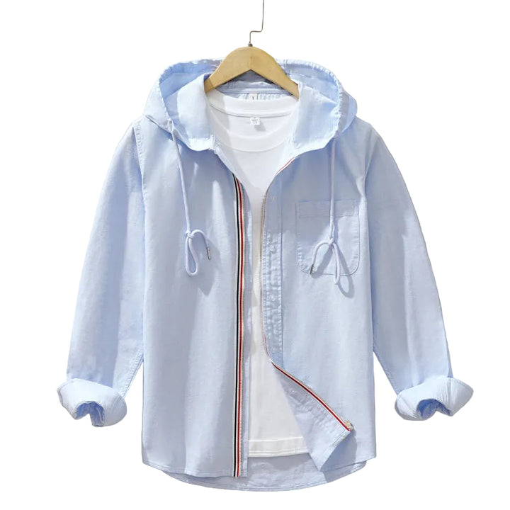 Men’s Long Sleeve Button-Up Hooded Shirt with Contrast Placket Trim