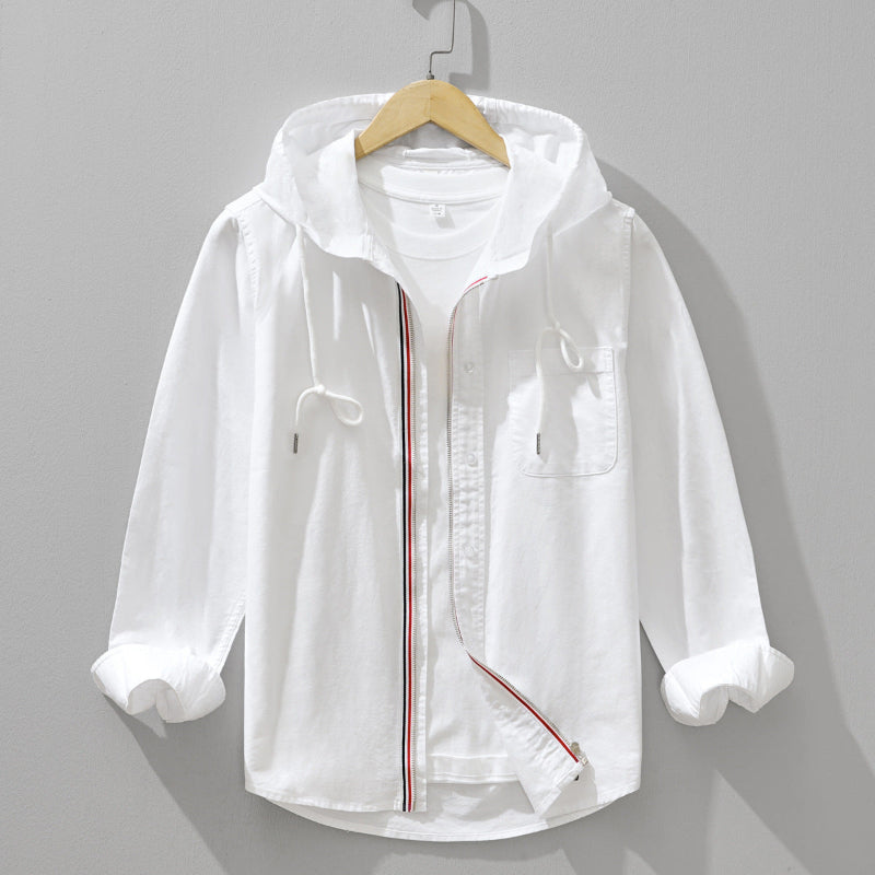 Men’s Long Sleeve Button-Up Hooded Shirt with Contrast Placket Trim