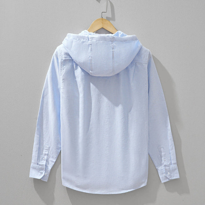 Men’s Long Sleeve Button-Up Hooded Shirt with Contrast Placket Trim