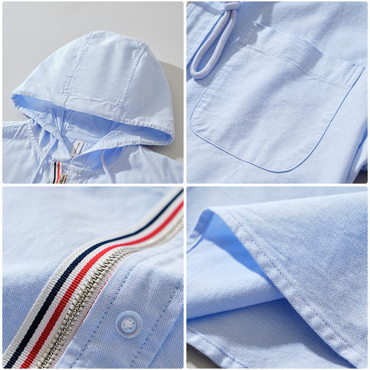 Men’s Long Sleeve Button-Up Hooded Shirt with Contrast Placket Trim