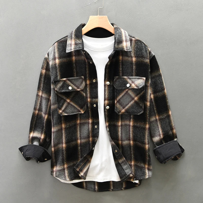 Men’s Long Sleeve Button-Up Plaid Overshirt with Dual Chest Pockets