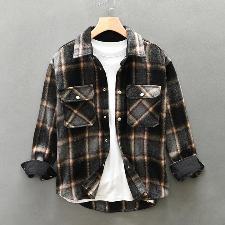 Men’s Long Sleeve Button-Up Plaid Overshirt with Dual Chest Pockets