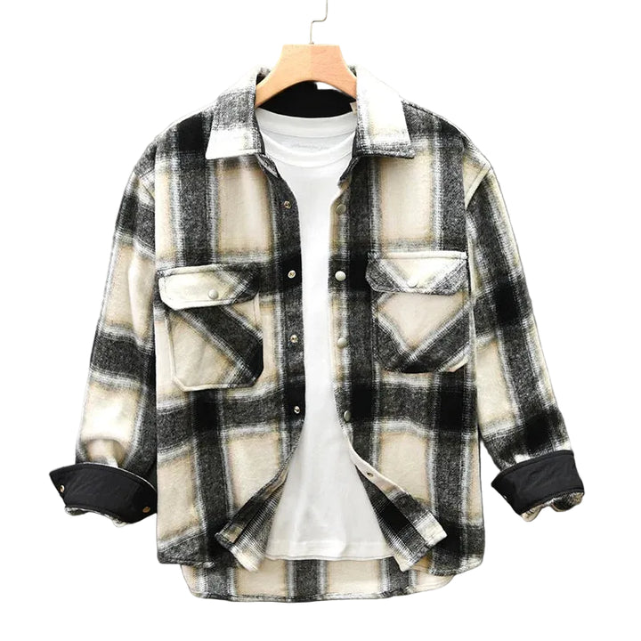 Men’s Long Sleeve Button-Up Plaid Overshirt with Dual Chest Pockets