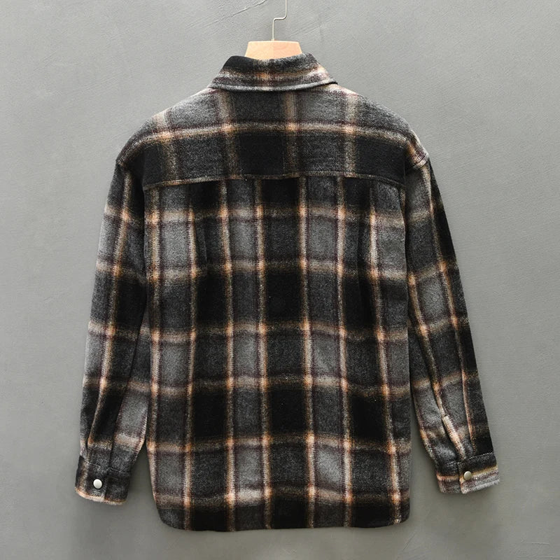 Men’s Long Sleeve Button-Up Plaid Overshirt with Dual Chest Pockets