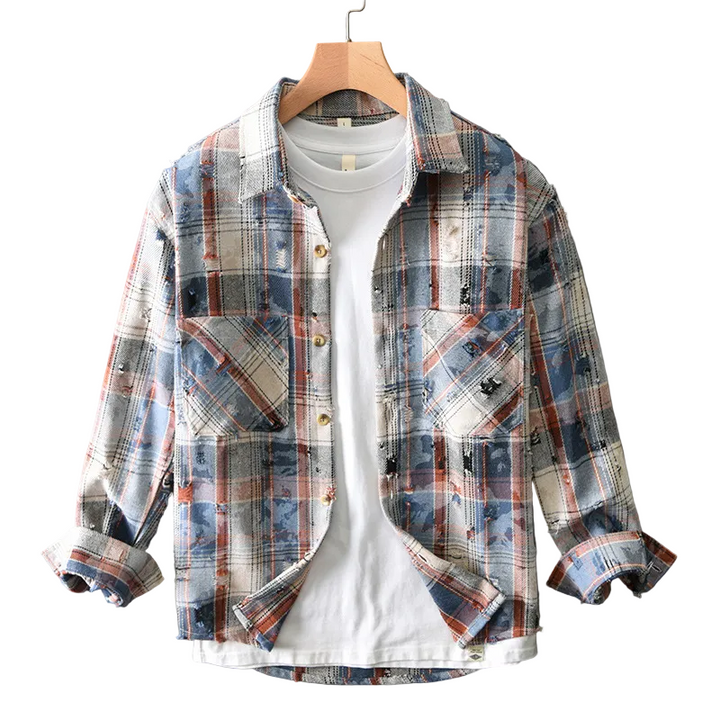 Men’s Long Sleeve Button-Up Plaid Shirt with Chest Pocket and Distressed Detail