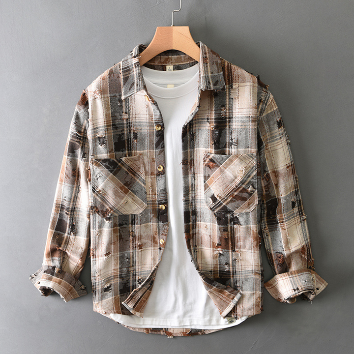 Men’s Long Sleeve Button-Up Plaid Shirt with Chest Pocket and Distressed Detail