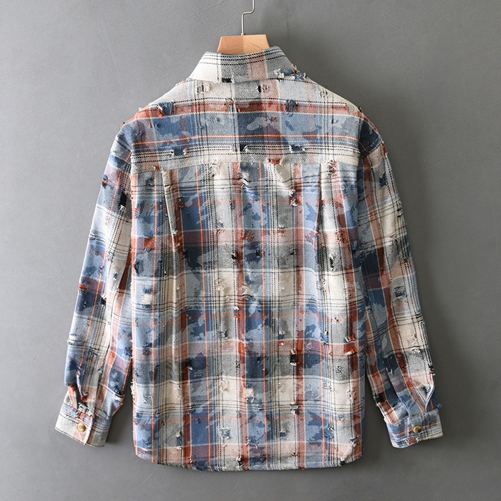 Men’s Long Sleeve Button-Up Plaid Shirt with Chest Pocket and Distressed Detail