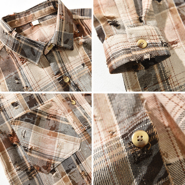 Men’s Long Sleeve Button-Up Plaid Shirt with Chest Pocket and Distressed Detail